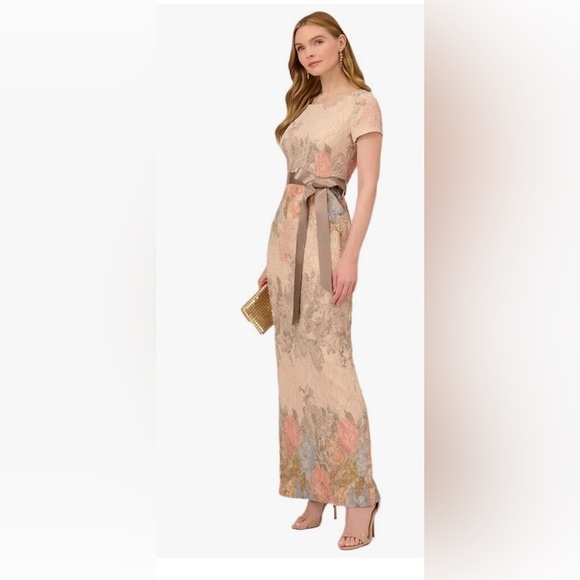 Adrianna Papell Dresses & Skirts - Adrianna Papell Champagne Lace Maxi Dress with Taupe Sash and Pastel Accents